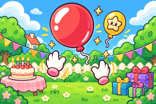 Two white gloved hands bopping a red balloon over a party garden with a cake and presents.