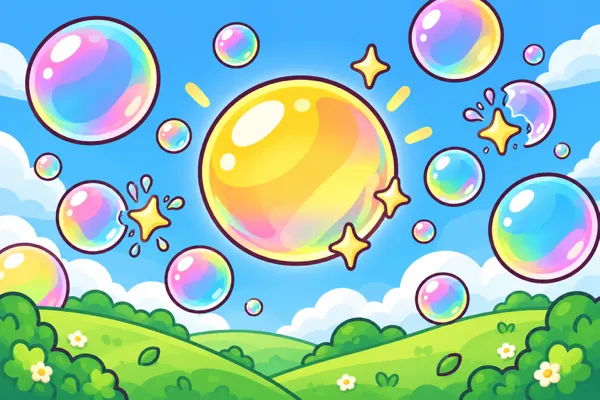 Rainbow soap bubbles and a big golden bubble floating over a green meadow.