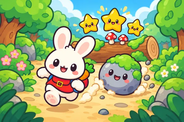 A white bunny with a red backpack running down a forest path past a smiling rock, with stars above.