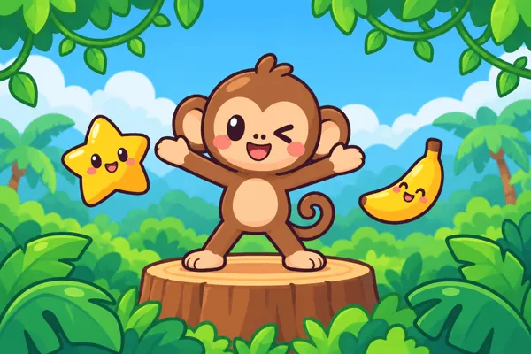 A winking monkey striking a pose on a tree stump in the jungle, next to a star and a banana.