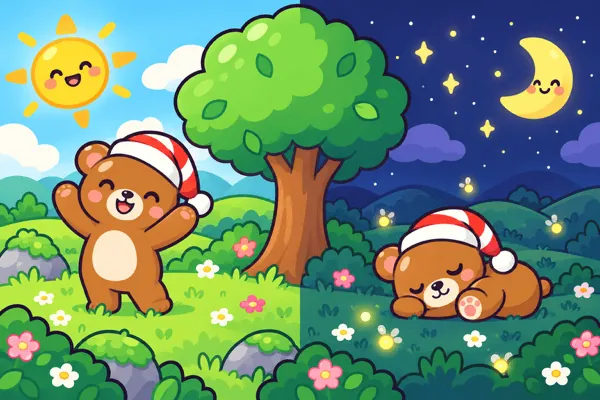 A bear in a nightcap waving in the sunshine, and the same bear asleep under the moon.