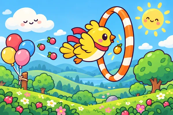 A yellow bird flying towards a striped hoop over green hills, with berries and a smiling sun.
