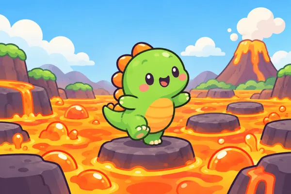A little green dinosaur standing on a rock in a sea of cartoon lava, with a volcano behind.