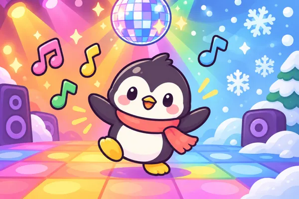A penguin in a red scarf dancing under a disco ball, with music notes and snowflakes.