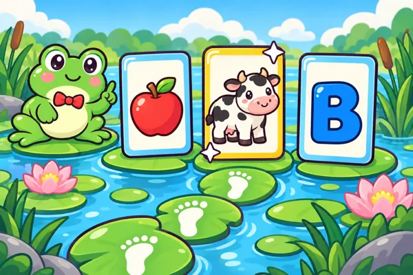 Hopper the frog by a pond with three answer cards: an apple, a cow and the letter B.