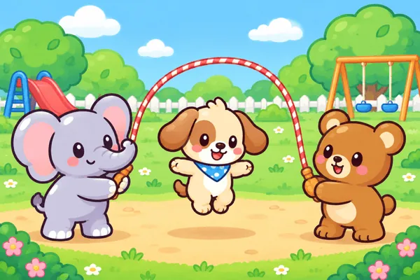 An elephant and a bear swinging a rope while a puppy jumps in a playground.